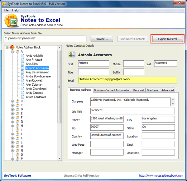 Notes to Excel tool export Lotus Notes address book to Excel